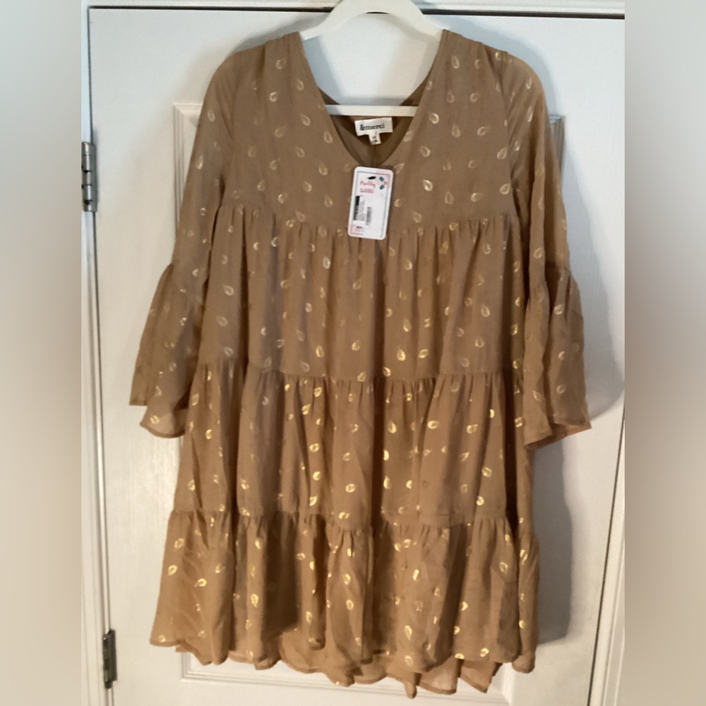 Merci Dress with gold leaf pattern